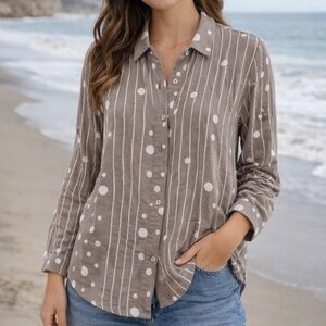 Wild Palms Tunic Top Large Polka Dot Stripe Button Front Roll Tab Long Sleeve